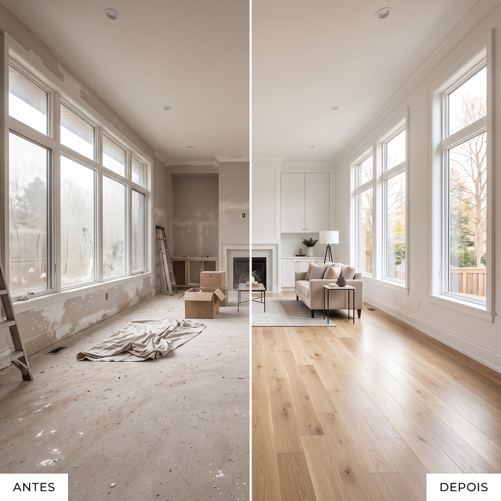 Antes e depois de uma limpeza pós-obra realizada pela Impactus